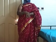 desi  indian tamil telugu kannada malayalam hindi horny cheating wife vanitha wearing cherry red colour saree showing big boobs and shaved pussy press hard boobs press nip rubbing pussy masturbation